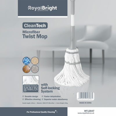 Royalford RF12847 CleanTech Microfiber Twist Mop | Self-Locking Wringing System | 130cm Long Handle | Super Absorbent | Fast Dry Floor Cleaning Mop for Home & Office