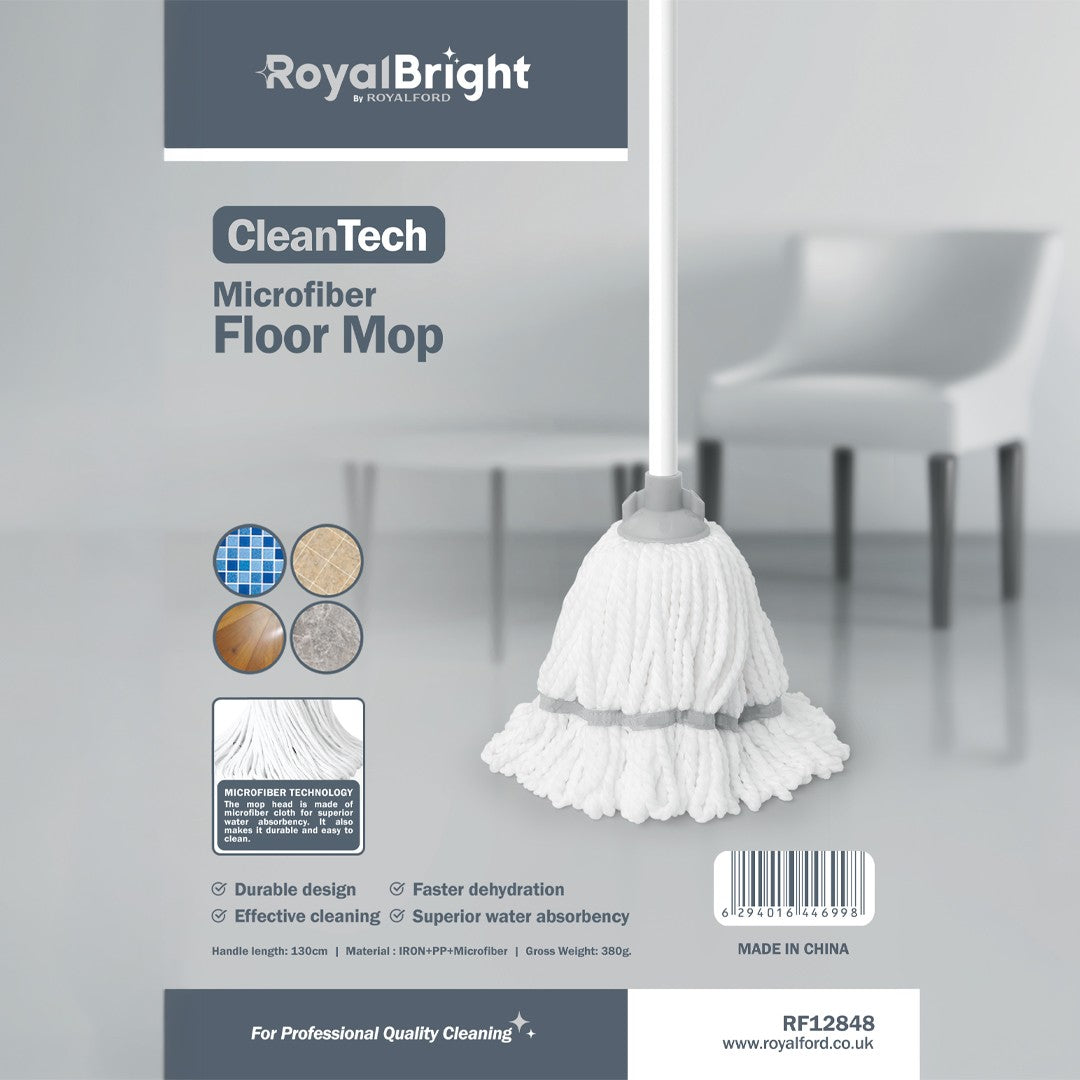 Royalford RF12848 CleanTech Microfiber Floor Mop | 130cm Handle | Super Absorbent Microfiber Mop Head | Durable Household Cleaning Mop for Tile, Wood & Marble Floors