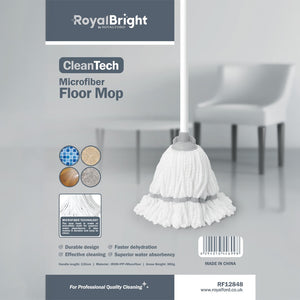 Royalford RF12848 CleanTech Microfiber Floor Mop | 130cm Handle | Super Absorbent Microfiber Mop Head | Durable Household Cleaning Mop for Tile, Wood & Marble Floors