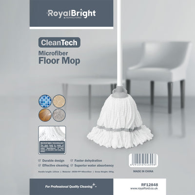 Royalford RF12848 CleanTech Microfiber Floor Mop | 130cm Handle | Super Absorbent Microfiber Mop Head | Durable Household Cleaning Mop for Tile, Wood & Marble Floors