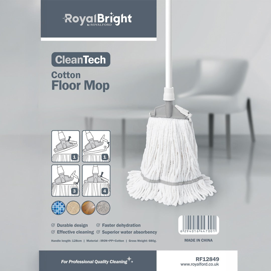 Royalford RF12849 CleanTech Cotton Floor Mop | 128cm Handle | High Absorbency Durable Wet Mop for Tile, Marble, Wooden & Granite Floors | Heavy Duty Home Cleaning Mop