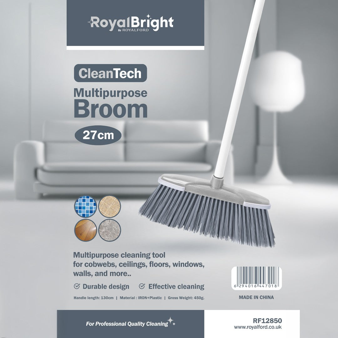 Royalford RF12850 CleanTech Multipurpose Broom | 27cm Wide Brush with 130cm Long Handle | Durable Floor Cleaning Broom | Perfect for Tile, Wood, Marble Floors,
