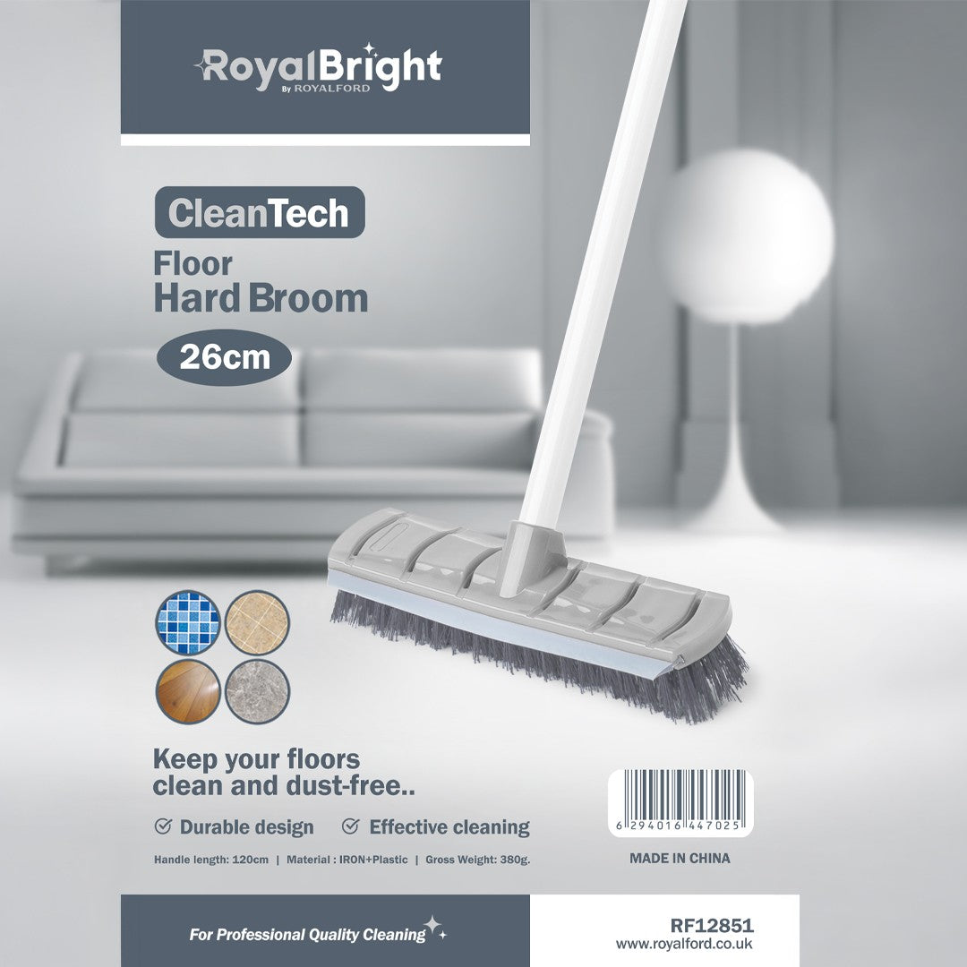 Royalford RF12851 CleanTech Floor Hard Broom 26cm with Iron Handle | Durable Household Cleaning Broom for Tile, Wood, Marble & Floors | Multipurpose Sweeping Brush