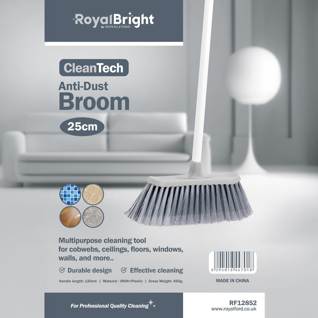 Royalford RF12852 CleanTech Anti-Dust Broom 25cm with Iron Handle | Multipurpose Floor Cleaning Broom for Tile, Wood, Marble Floors | Sweeping Brush for Cleaning Use