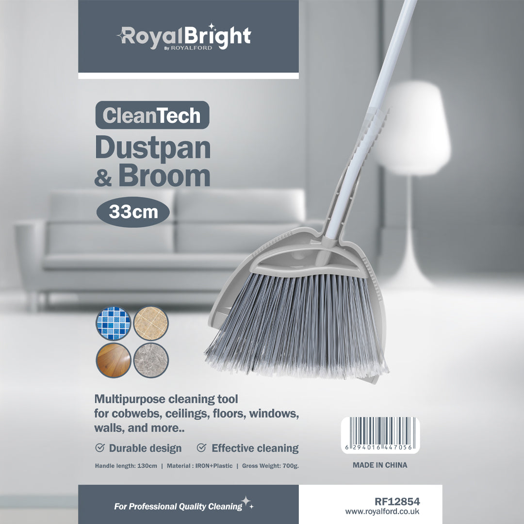 Royalford RF12854 CleanTech 33cm Dustpan & Broom Set | Durable Iron & Plastic Build | 130cm Long Handle | Multipurpose Floor,  Wall & Ceiling Cleaning Tool | Easy to Use
