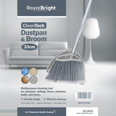 Royalford RF12854 CleanTech 33cm Dustpan & Broom Set | Durable Iron & Plastic Build | 130cm Long Handle | Multipurpose Floor,  Wall & Ceiling Cleaning Tool | Easy to Use