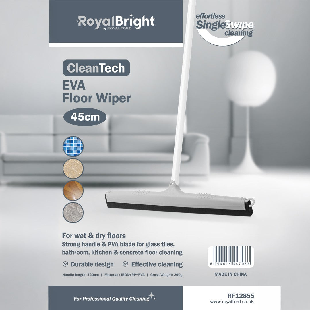 Royalford RF12855 CleanTech EVA Floor Wiper 45cm with 120cm Handle | Heavy Duty Floor Squeegee for Wet & Dry Cleaning For Bathroom, Kitchen Tile, Concrete Floor Cleaning