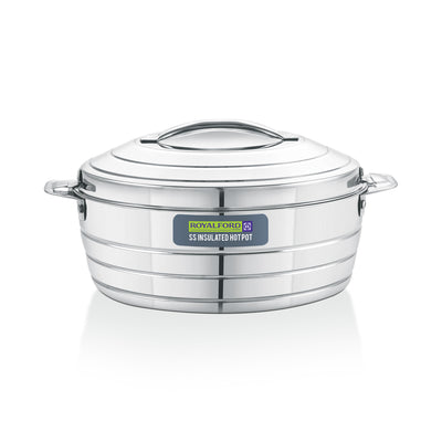 Royalford RF12859 4800ML Stainless Steel Insulated Hot Pot | Double Wall Vacuum Insulation| Twist Lock Lid | Convenient Handles for Hot Fresh Food Serving at Home Dining