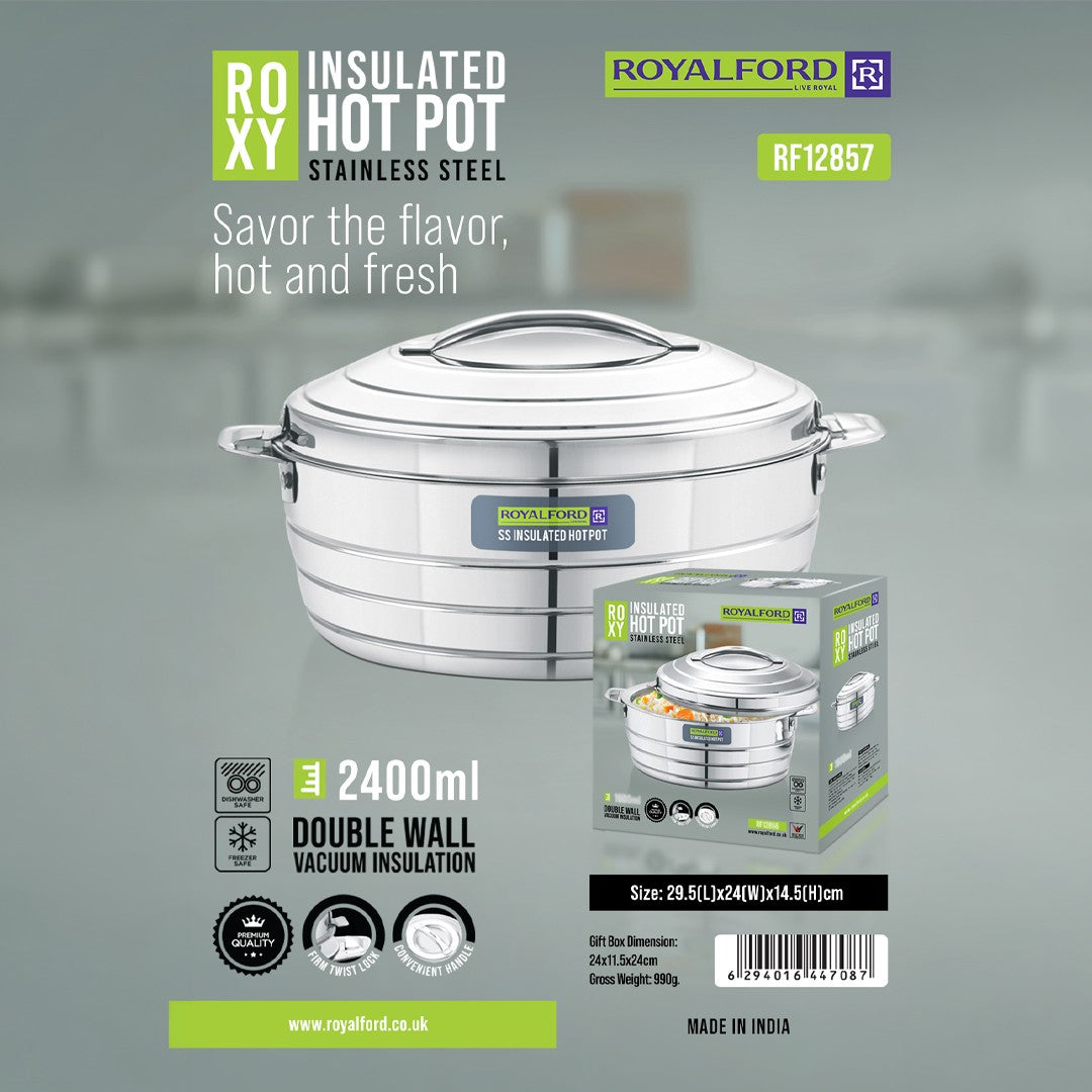 Royalford RF12857 2400ml Stainless Steel Insulated Hot Pot | Double Wall Vacuum Insulation| Firm Twist Lock Lid |Durable Handles | Dishwasher & Freezer Safe Casserole
