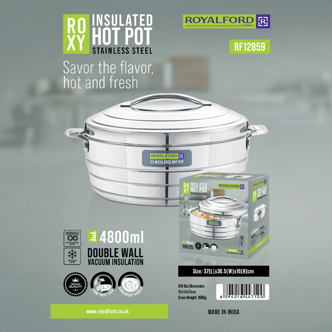 Royalford RF12859 4800ML Stainless Steel Insulated Hot Pot | Double Wall Vacuum Insulation| Twist Lock Lid | Convenient Handles for Hot Fresh Food Serving at Home Dining
