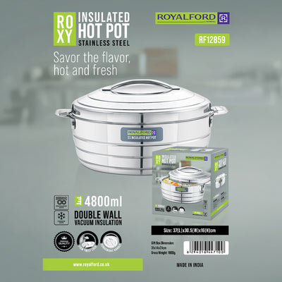 Royalford RF12859 4800ML Stainless Steel Insulated Hot Pot | Double Wall Vacuum Insulation| Twist Lock Lid | Convenient Handles for Hot Fresh Food Serving at Home Dining
