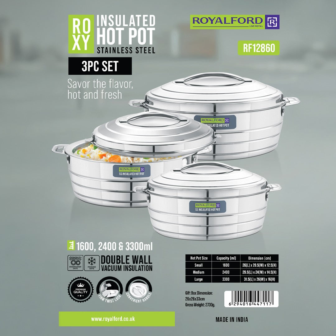 Royalford RF12860 Roxy Stainless Steel Insulated Hot Pot Set 3 Pcs | Double Wall Vacuum Insulation |Twist Lock Lid | Multiple Sizes | Premium Food Serving for Home Dining