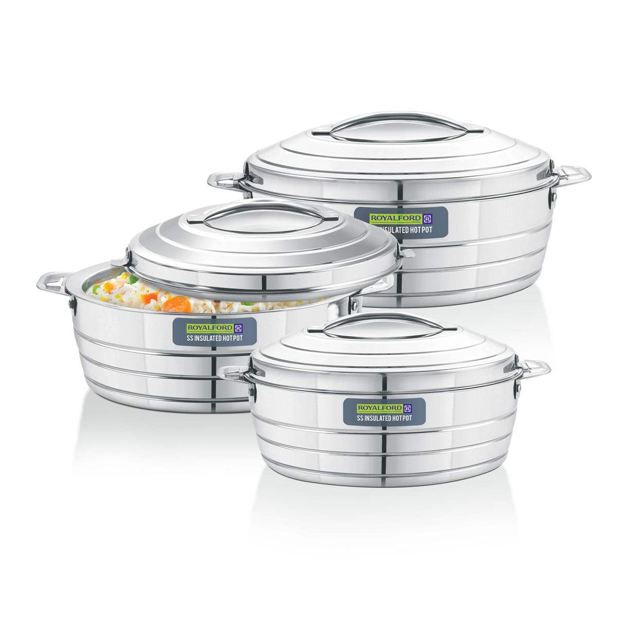 Royalford RF12860 Roxy Stainless Steel Insulated Hot Pot Set 3 Pcs | Double Wall Vacuum Insulation |Twist Lock Lid | Multiple Sizes | Premium Food Serving for Home Dining