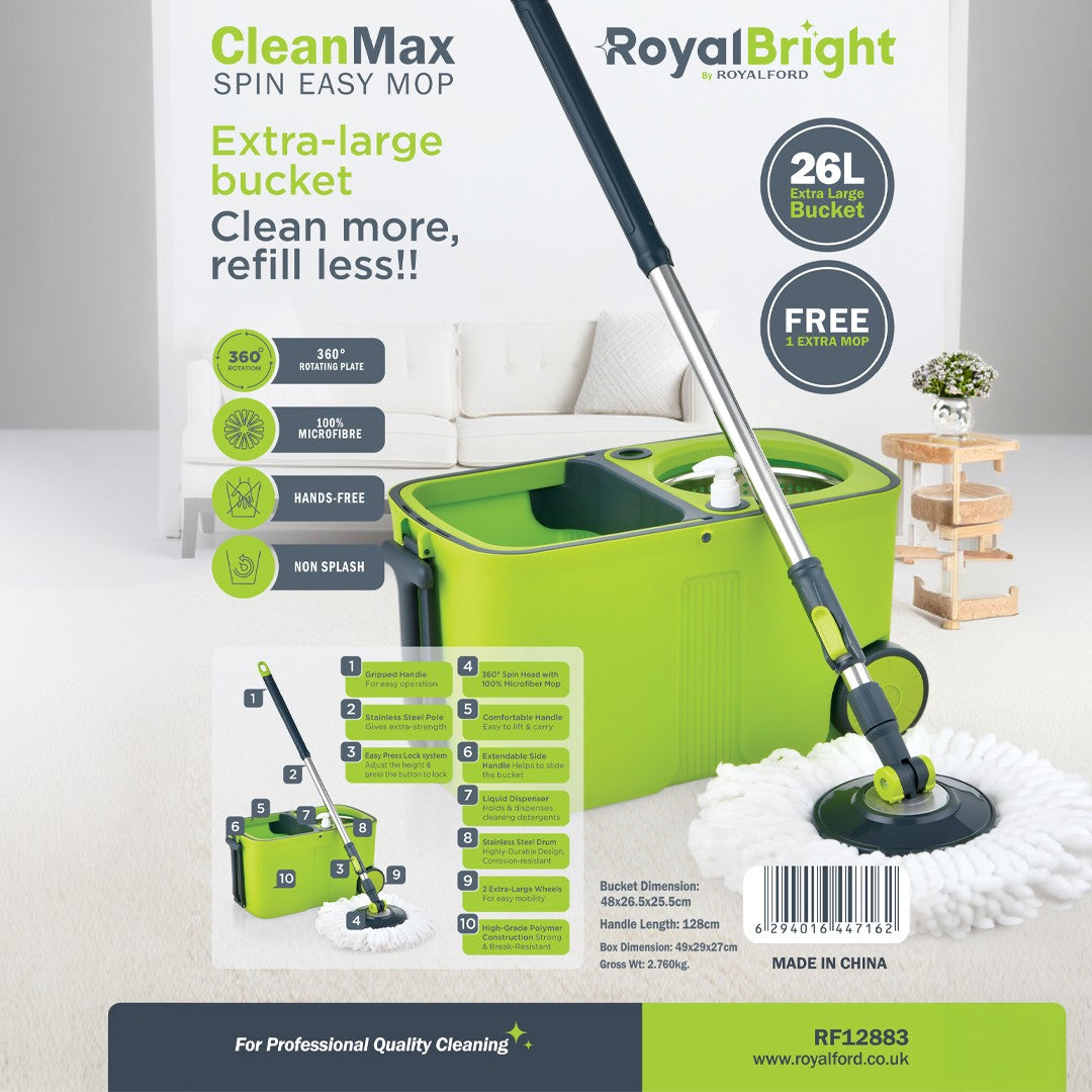 RoyalFord RF12883 CleanMax Spin Easy Mop with 26L bucket | 360° rotating microfiber mop, hands-free spin system, wheels, & durable stainless steel handle for cleaning.