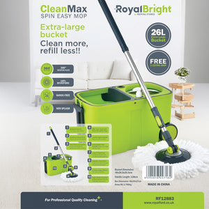 RoyalFord RF12883 CleanMax Spin Easy Mop with 26L bucket | 360° rotating microfiber mop, hands-free spin system, wheels, & durable stainless steel handle for cleaning.