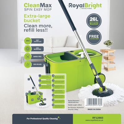 RoyalFord RF12883 CleanMax Spin Easy Mop with 26L bucket | 360° rotating microfiber mop, hands-free spin system, wheels, & durable stainless steel handle for cleaning.