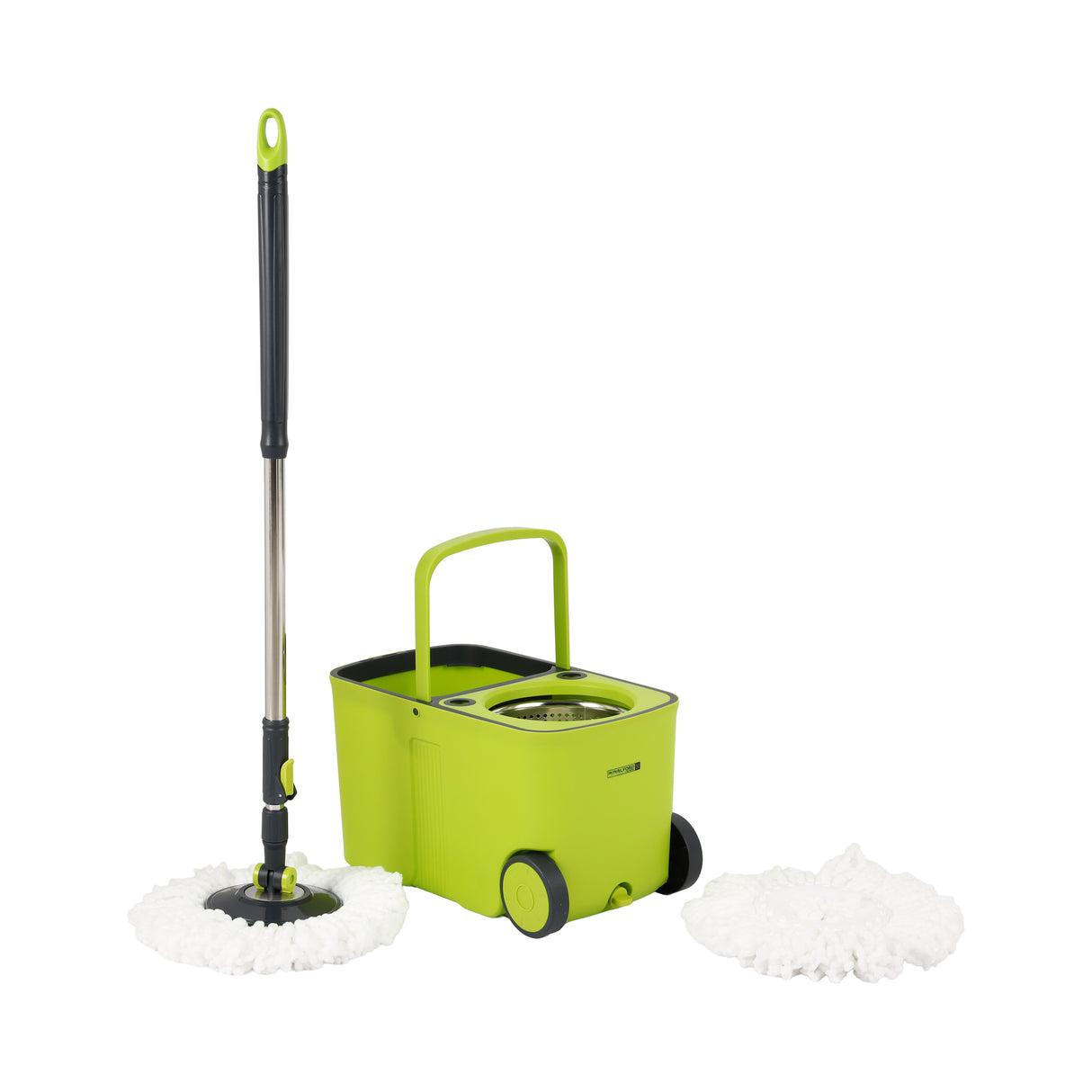 RoyalFord RF12883 CleanMax Spin Easy Mop with 26L bucket | 360° rotating microfiber mop, hands-free spin system, wheels, & durable stainless steel handle for cleaning.