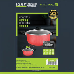 Royalford RF12891 Scarlet Honeycomb Casserole 28cm with durable non-stick coating| tempered glass lid, heat resistant body and gas compatibility for everyday use