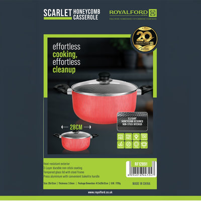 Royalford RF12891 Scarlet Honeycomb Casserole 28cm with durable non-stick coating| tempered glass lid, heat resistant body and gas compatibility for everyday use