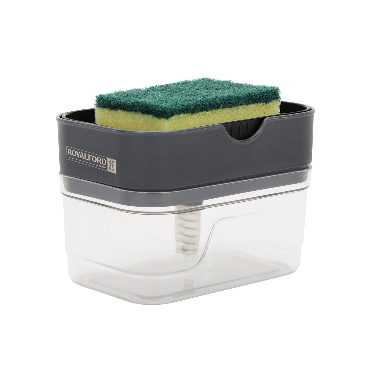 Royalford RF12898 Soap Dispenser with Sponge Holder | 2 in 1 Kitchen Liquid Soap Pump Dispenser with Sponge  | Easy Press | Refillable Transparent Body Sink Organizer