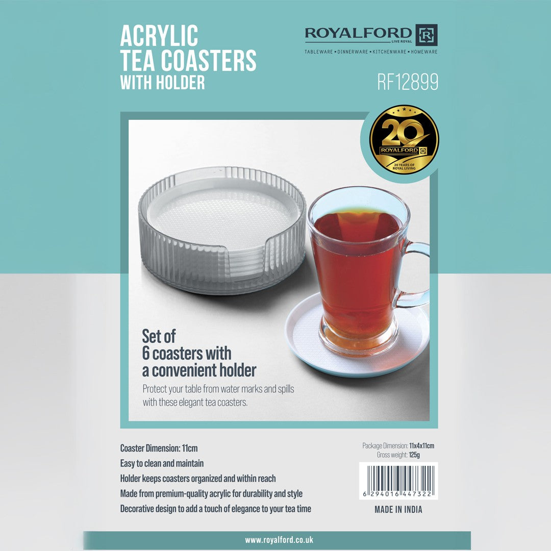 Royalford RF12899 Acrylic Tea Coasters Set of 6 with Holder | Durable Drink Coasters for Table Protection | Non Slip, Easy Clean Round Coaster Set for Home & Office