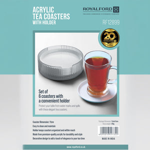 Royalford RF12899 Acrylic Tea Coasters Set of 6 with Holder | Durable Drink Coasters for Table Protection | Non Slip, Easy Clean Round Coaster Set for Home & Office