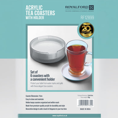 Royalford RF12899 Acrylic Tea Coasters Set of 6 with Holder | Durable Drink Coasters for Table Protection | Non Slip, Easy Clean Round Coaster Set for Home & Office