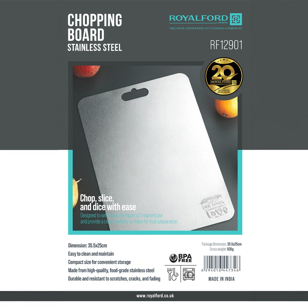 Royalford RF12901 Stainless Steel Chopping Board |Food Grade, BPA Free | Scratch Resistant |  Durable |  Easy to Clean Cutting Board for Hygienic Kitchen Food Preparation