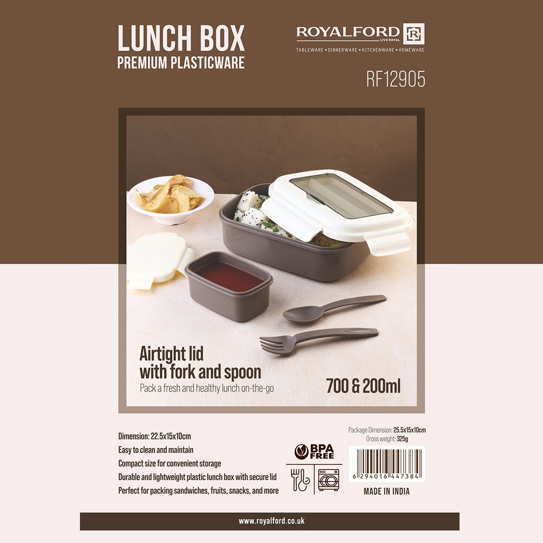 Royalford RF12905 Lunch Box with Spoon & Fork| Airtight, BPA Free, 700ml + 200ml Food & Container| Dual Compartment, Leak Resistant & Durable Compact Lunch Storage|
