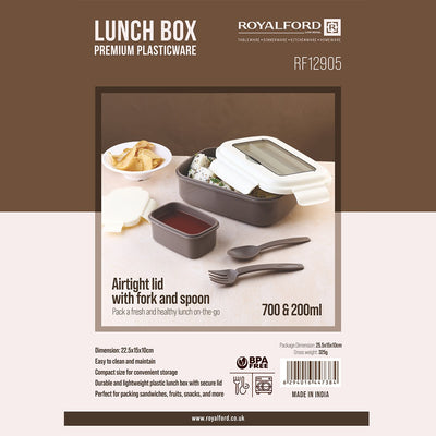 Royalford RF12905 Lunch Box with Spoon & Fork| Airtight, BPA Free, 700ml + 200ml Food & Container| Dual Compartment, Leak Resistant & Durable Compact Lunch Storage|