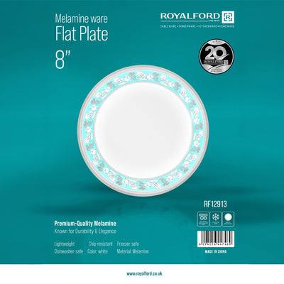 Royalford RF12913 8 Inch Melamine Flat Plate | Durable, Lightweight , Chip Resistant, Dishwasher Safe & Freezer Safe | Elegant Dinner Plate for Home Kitchen & Dining Use