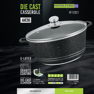 Royalford RF12921 44cm Die-Cast Aluminium Casserole with Lid | 5-Layer Granite Non-Stick Large Capacity Cooking Pot for Family Meals |Gas, Ceramic & Induction Compatible