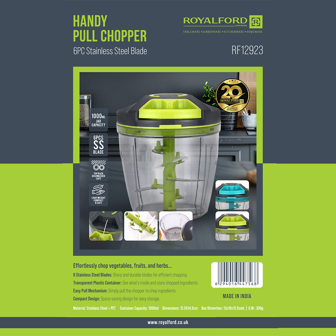 Royalford RF12923 Handy Pull Chopper 1000ml| 6 Stainless Steel Blades with Manual Food Chopper| Easy Pull Cord Mechanism & Compact Durable Vegetable Fruit Chopper|
