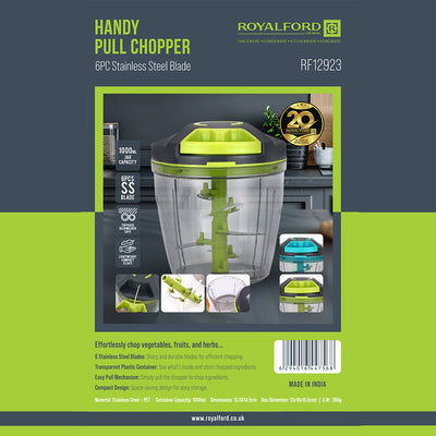 Royalford RF12923 Handy Pull Chopper 1000ml| 6 Stainless Steel Blades with Manual Food Chopper| Easy Pull Cord Mechanism & Compact Durable Vegetable Fruit Chopper|