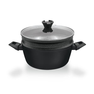 Royalford RF12927 26cm granite casserole | steamer features durable non-stick coating & forged aluminium body| induction base, glass lid and bakelite handles cooking