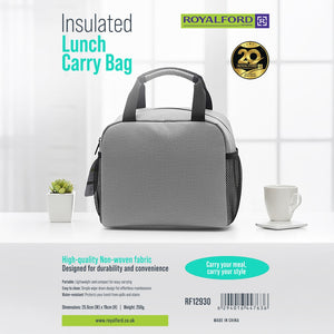 Royalford RF12930 Insulated Lunch Carry Bag | Portable Thermal Food Storage Bag with Zip Closure| Side Mesh Pockets| Water-Resistant Non-Woven Fabric for Office & School