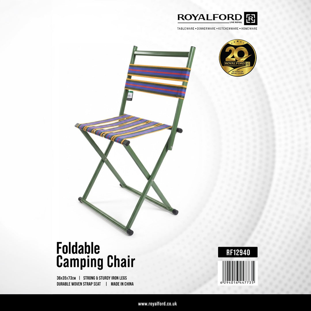 Royalford RF12940 Foldable Camping Chair | Strong Iron Frame | Durable Woven Strap Seat Outdoor Folding Chair | Lightweight Portable Picnic, Garden Seating Solution