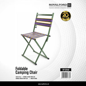Royalford RF12940 Foldable Camping Chair | Strong Iron Frame | Durable Woven Strap Seat Outdoor Folding Chair | Lightweight Portable Picnic, Garden Seating Solution