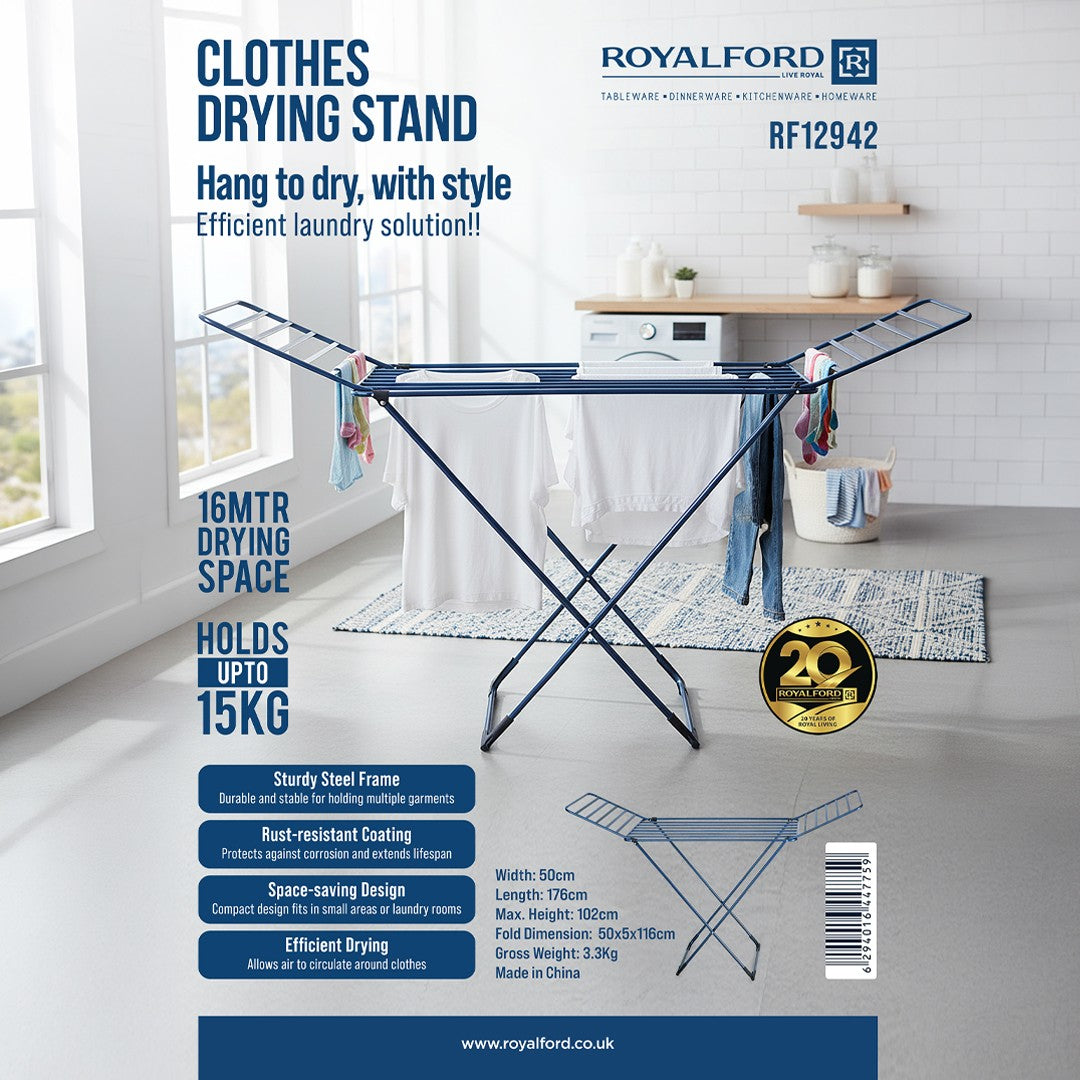 Royalford RF12942 Clothes Drying Stand | features a foldable steel frame, 16m drying space, rust-resistant coating, good airflow, and supports up to 15kg laundry