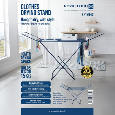 Royalford RF12942 Clothes Drying Stand | features a foldable steel frame, 16m drying space, rust-resistant coating, good airflow, and supports up to 15kg laundry