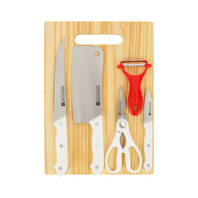 Royalford RF12943 6PC Deluxe Cutting Set | Stainless Steel Kitchen Knives and Durable Wooden Chopping Board for Precision Cutting, Slicing & Everyday Cooking Use