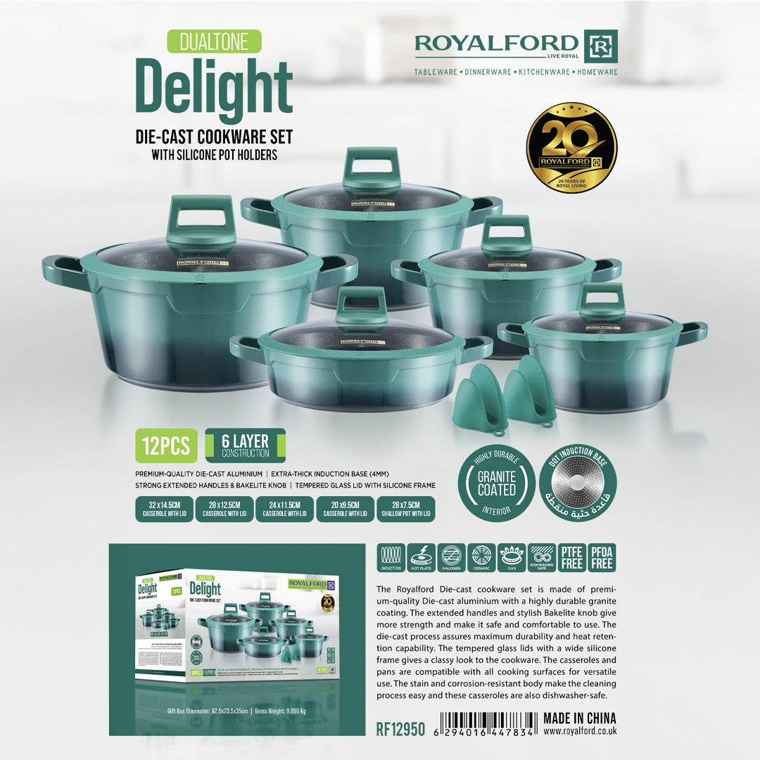 Royalford RF12950  12 Pcs Die-Cast Cookware Set | Premium Granite Coated Non-Stick Induction Ready Casseroles with Glass Lids, Silicone Pot Holders & 6 Layer Build