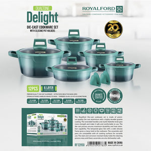 Royalford RF12950  12 Pcs Die-Cast Cookware Set | Premium Granite Coated Non-Stick Induction Ready Casseroles with Glass Lids, Silicone Pot Holders & 6 Layer Build