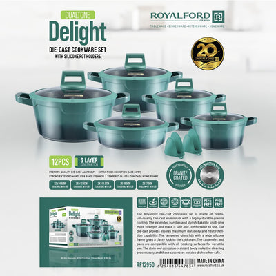 Royalford RF12950  12 Pcs Die-Cast Cookware Set | Premium Granite Coated Non-Stick Induction Ready Casseroles with Glass Lids, Silicone Pot Holders & 6 Layer Build