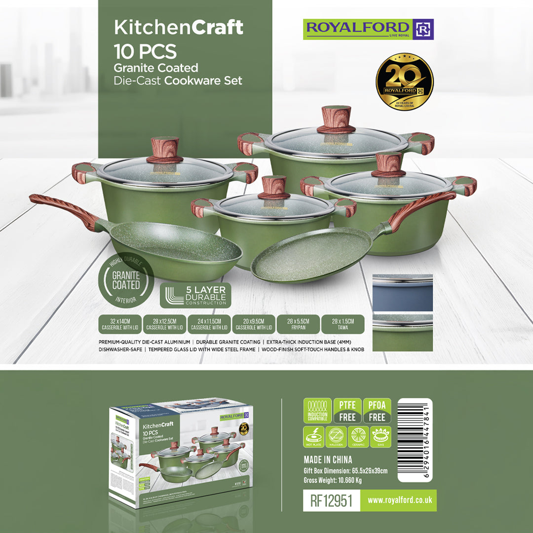 Royalford RF12951 KitchenCraft 10 Pcs Granite Coated Die-Cast Cookware Set |  Premium Non-Stick Induction Ready Pots, Casseroles,  Frypan & Tawa with Glass Lids