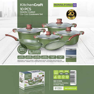 Royalford RF12951 KitchenCraft 10 Pcs Granite Coated Die-Cast Cookware Set |  Premium Non-Stick Induction Ready Pots, Casseroles,  Frypan & Tawa with Glass Lids