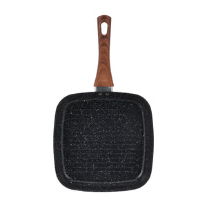 Royalford RF12955 24cm Non-Stick Grill Pan | 5-Layer Ceramic Coating| Aluminium Alloy Body| Induction Compatible | Heat-Resistant Exterior & Wood-Finish Bakelite Handle