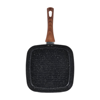 Royalford RF12955 24cm Non-Stick Grill Pan | 5-Layer Ceramic Coating| Aluminium Alloy Body| Induction Compatible | Heat-Resistant Exterior & Wood-Finish Bakelite Handle
