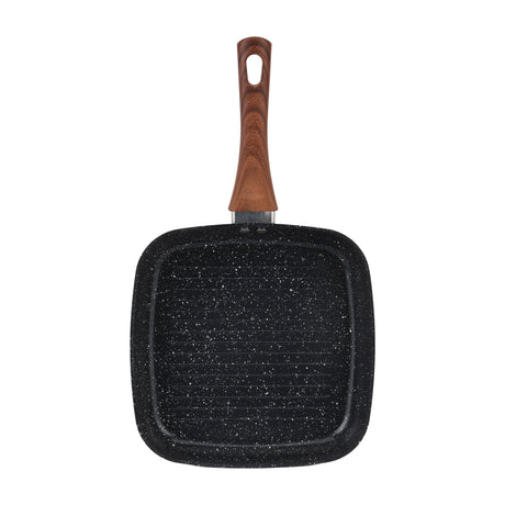 Royalford RF12955 24cm Non-Stick Grill Pan | 5-Layer Ceramic Coating| Aluminium Alloy Body| Induction Compatible | Heat-Resistant Exterior & Wood-Finish Bakelite Handle
