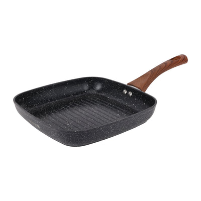 Royalford RF12955 24cm Non-Stick Grill Pan | 5-Layer Ceramic Coating| Aluminium Alloy Body| Induction Compatible | Heat-Resistant Exterior & Wood-Finish Bakelite Handle